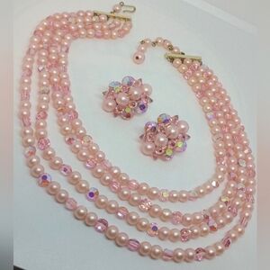 * Vintage Pink Aurora Borealis & Faux Pearl Necklace & Clip On Earrings SET